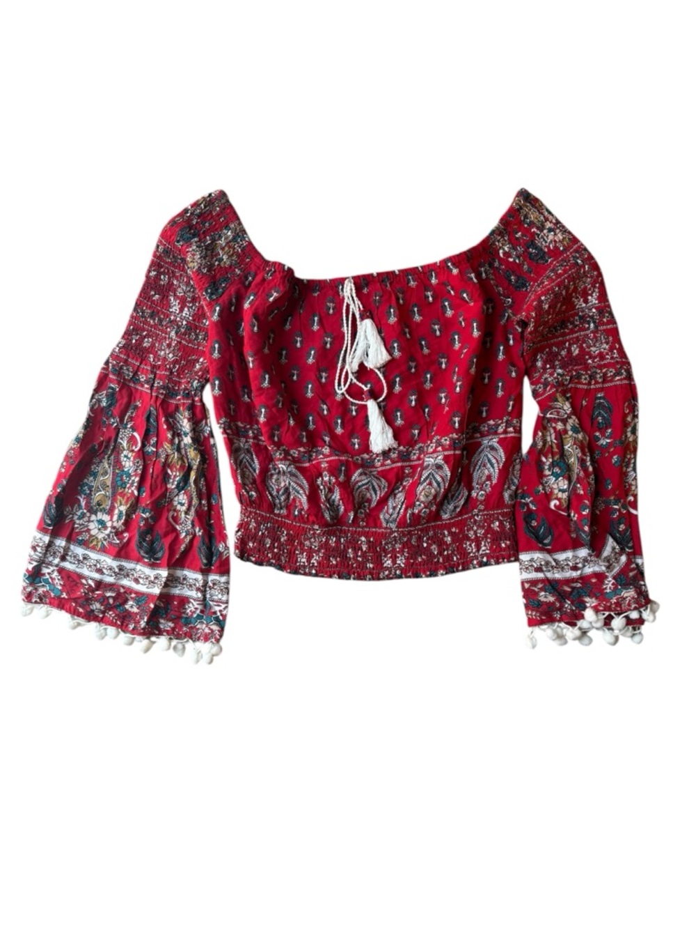 Band of Gypsies Red Off-Shoulder Boho Peasant Blouse with Tassel Tie - Picture 2 of 4